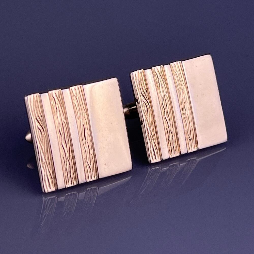 Square Simple Cufflinks Gold Plated Wire Brushed Polished Finish Swank Vintage